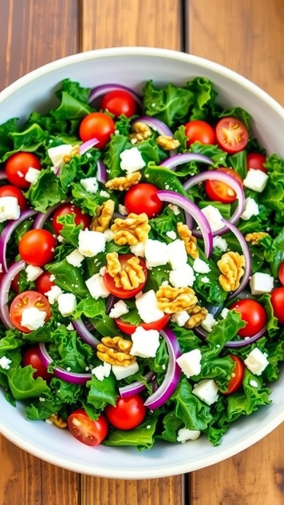 A colorful kale salad with tomatoes, red onion, feta, and walnuts in a bowl on a wooden table.